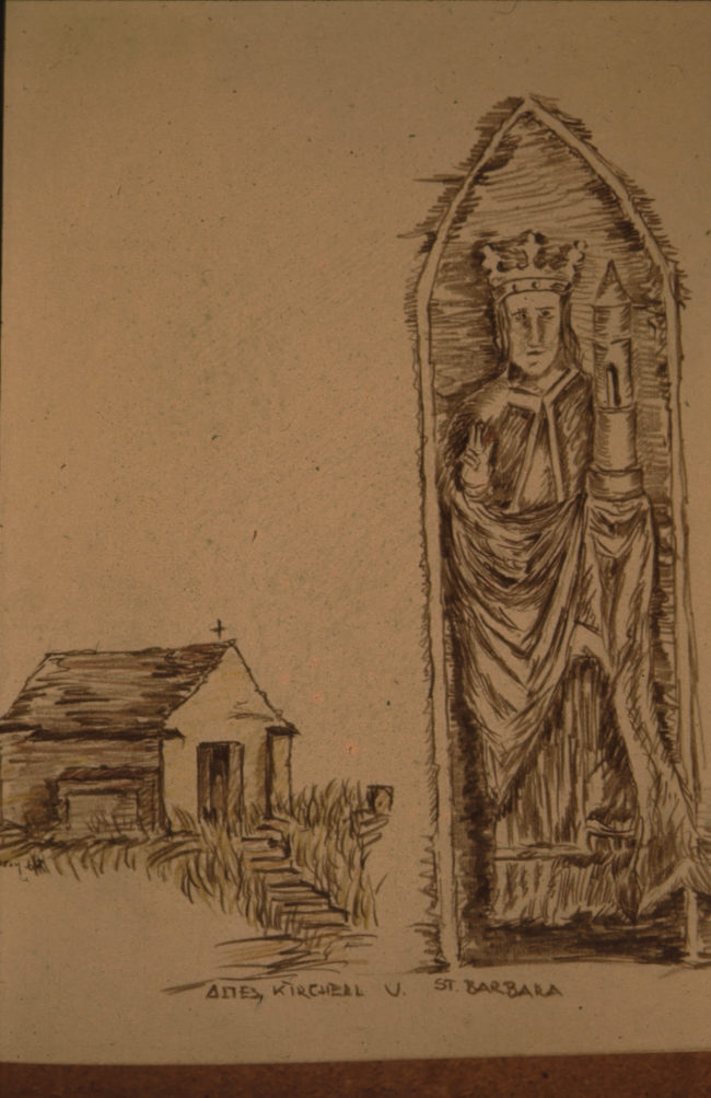 Altes Kircherl im Altarausschnitt Zeichnung aus der Schenkelchronik